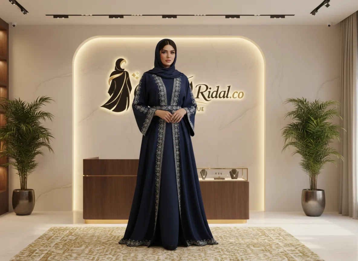 عباية مناسبات سوداء فاخرة من قماش الكريب الملكي مع تطريز يدوي وتصميم كلوش أنيق