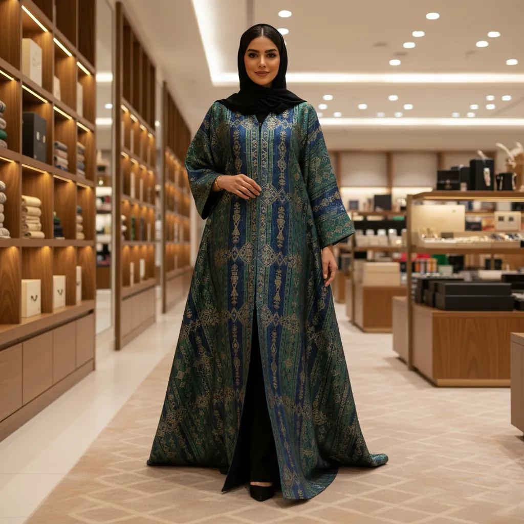 عباية ملونة فاخرة من قماش الكتان بلمسة رمادية زرقاء وتطريز يدوي دقيق على الأكمام