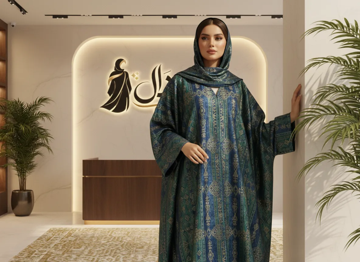 عباية ملونة فاخرة من قماش الكتان بلمسة رمادية زرقاء وتطريز يدوي دقيق على الأكمام