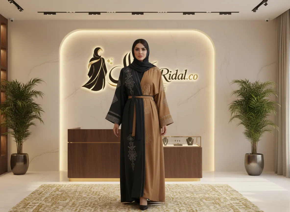 عباية دبل فيس فاخرة بلونين الأسود والبيج بتطريز يدوي وتصميم كيمونو عصري