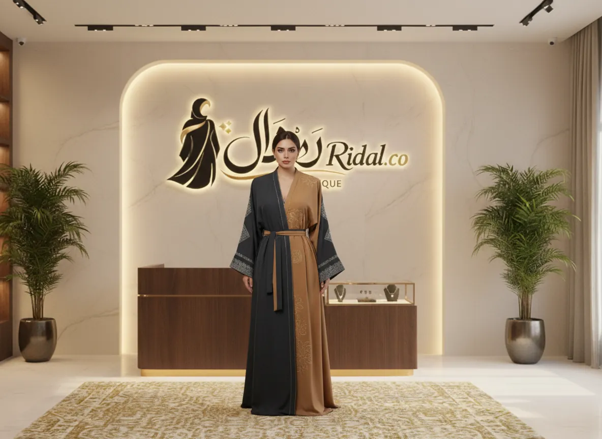 عباية دبل فيس فاخرة بلونين الأسود والبيج بتطريز يدوي وتصميم كيمونو عصري