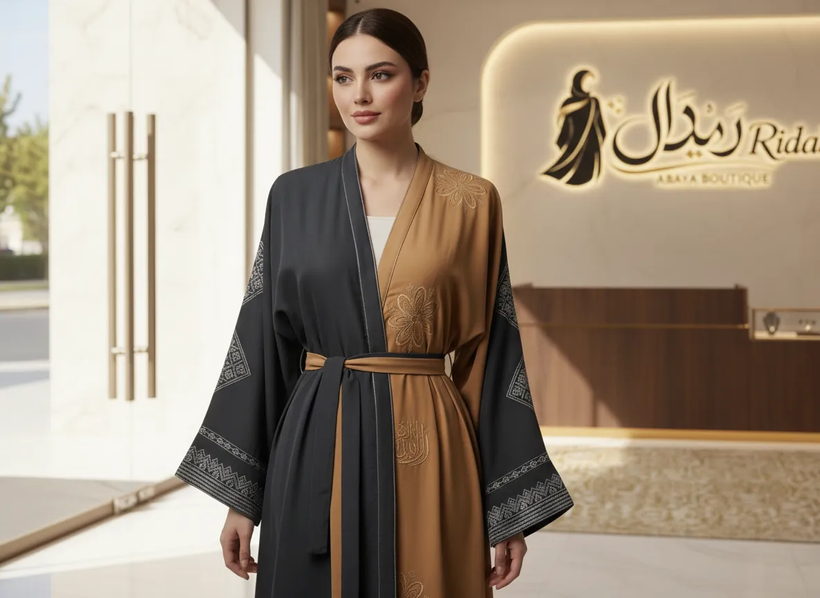 عباية دبل فيس فاخرة بلونين الأسود والبيج بتطريز يدوي وتصميم كيمونو عصري