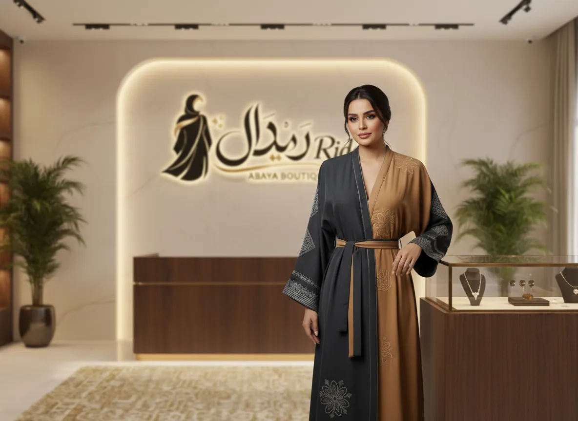 عباية دبل فيس فاخرة بلونين الأسود والبيج بتطريز يدوي وتصميم كيمونو عصري