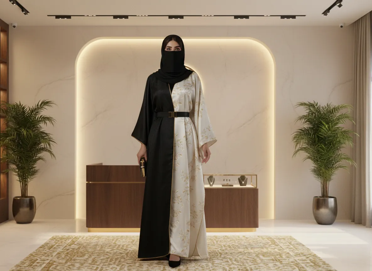 عباية سهرة فاخرة بتصميم ملكي منقسم باللونين الأسود والسكري مع تطريز ذهبي ناعم