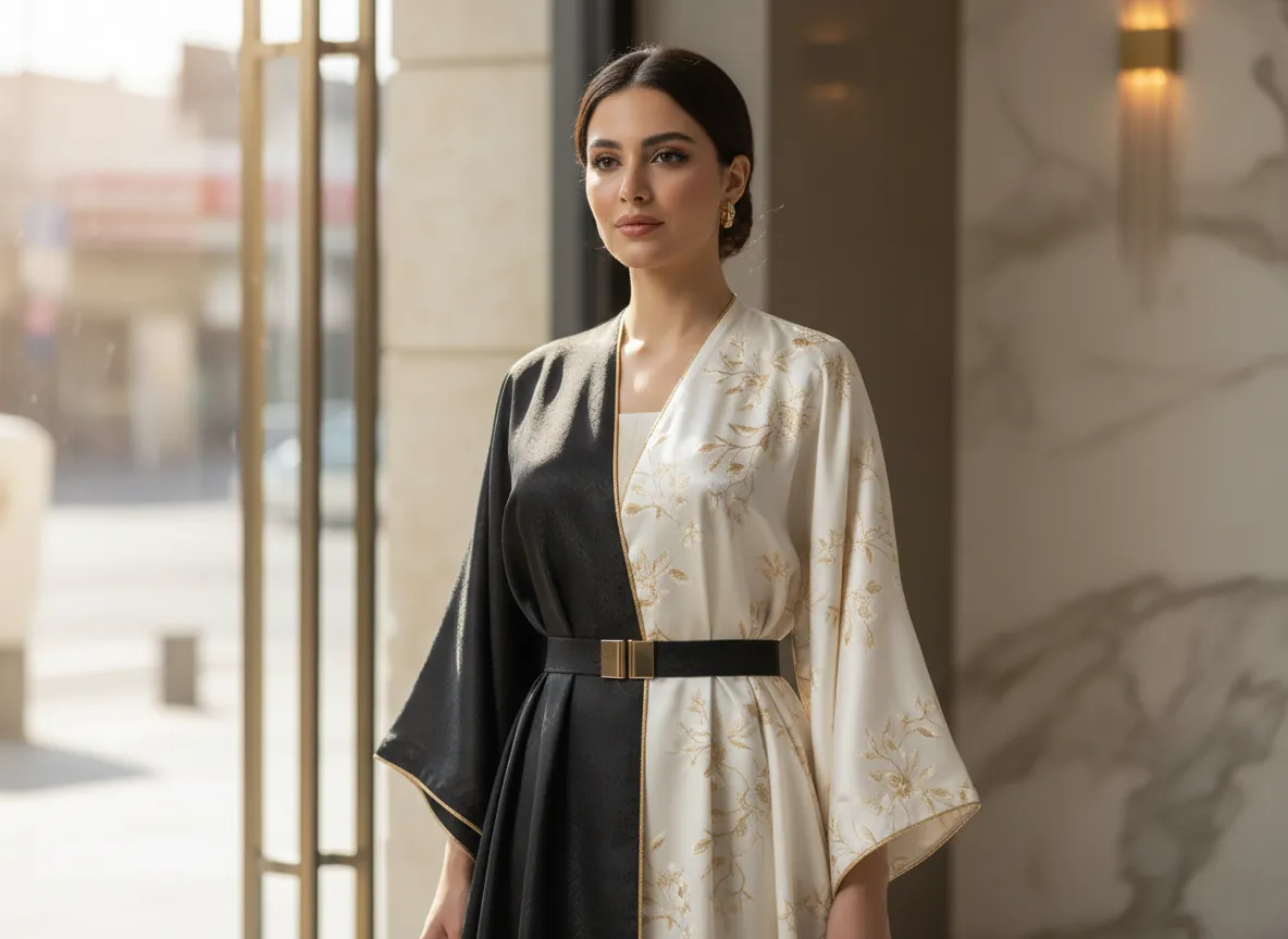 عباية سهرة فاخرة بتصميم ملكي منقسم باللونين الأسود والسكري مع تطريز ذهبي ناعم