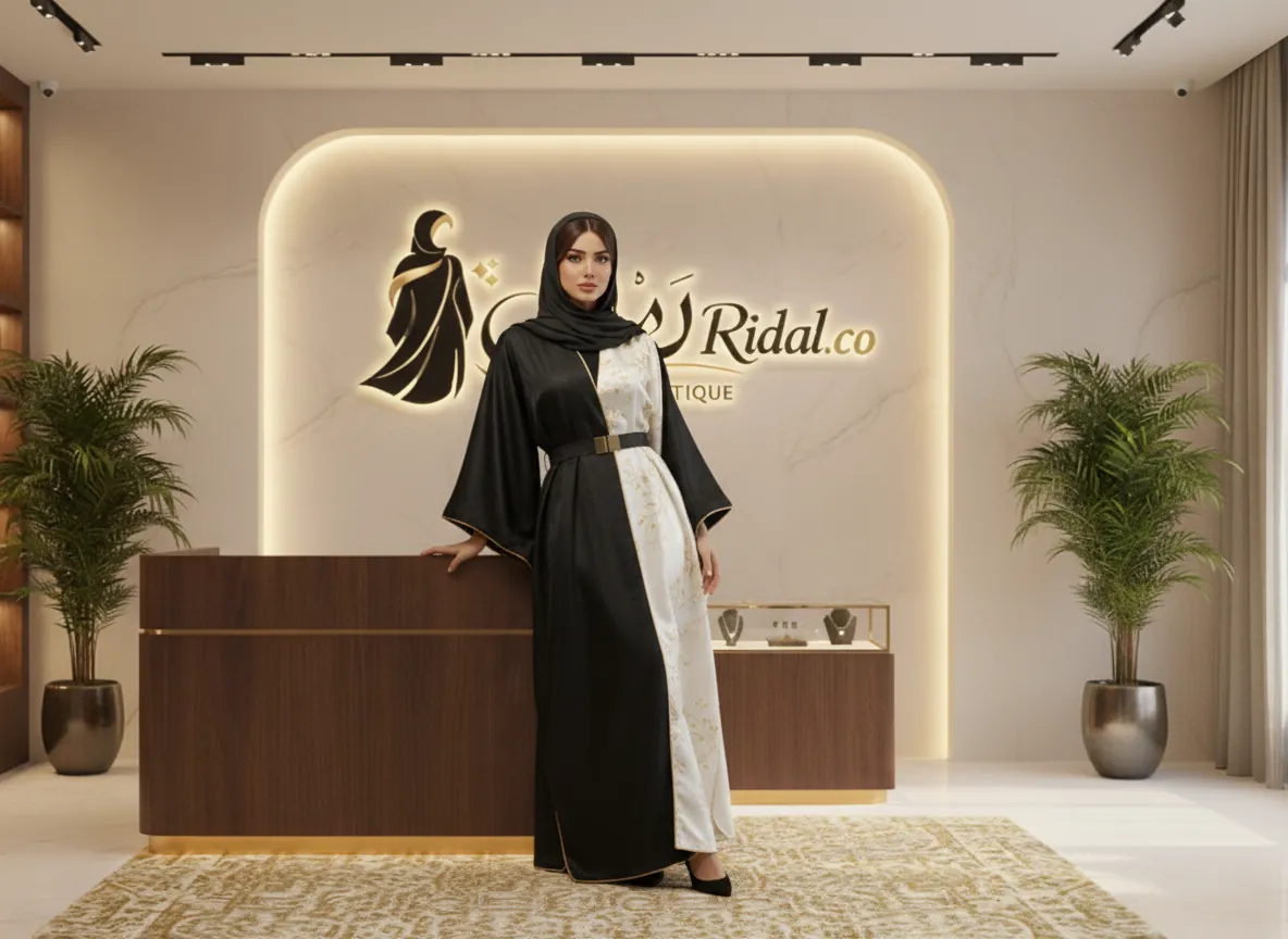 عباية سهرة فاخرة بتصميم ملكي منقسم باللونين الأسود والسكري مع تطريز ذهبي ناعم