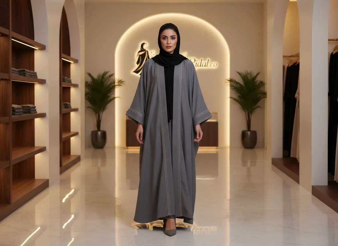 عباية بشت رمادي فاخرة بتطريز هندسي ناعم وتصميم ملكي راقي