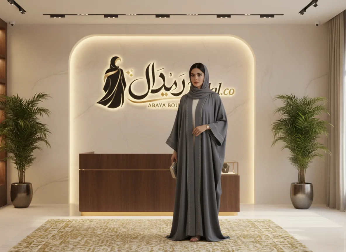 عباية بشت رمادي فاخرة بتطريز هندسي ناعم وتصميم ملكي راقي