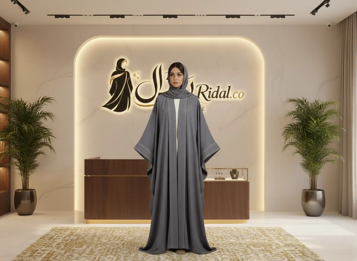 عباية بشت رمادي فاخرة بتطريز هندسي ناعم وتصميم ملكي راقي