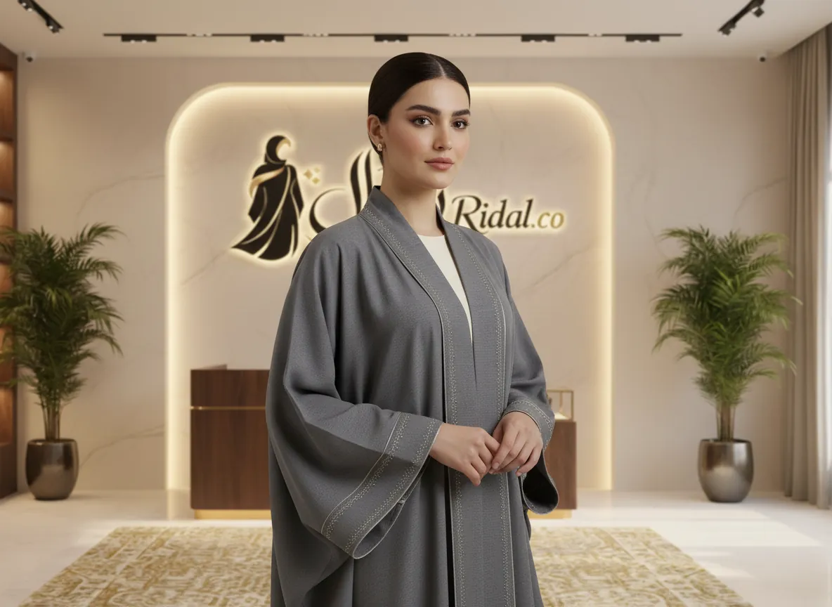 عباية بشت رمادي فاخرة بتطريز هندسي ناعم وتصميم ملكي راقي