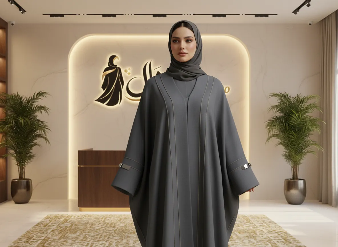 عباية دوام رمادية فاخرة بقصة البشت مع تفاصيل معدنية على الأكمام وخطوط طولية أنيقة - موديل SE519