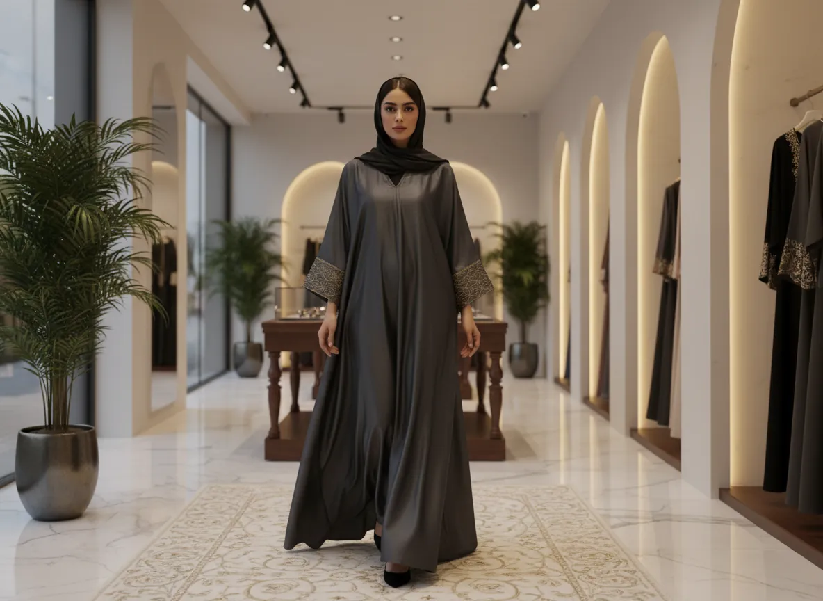 عباية حرير طبيعي فاخرة باللون الأسود الملكي بتصميم كلاسيكي راقٍ وتفاصيل يدوية مذهلة