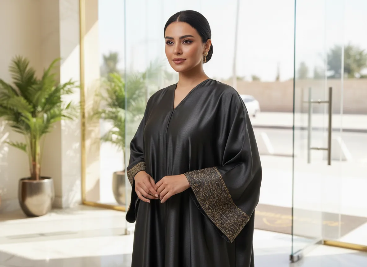 عباية حرير طبيعي فاخرة باللون الأسود الملكي بتصميم كلاسيكي راقٍ وتفاصيل يدوية مذهلة