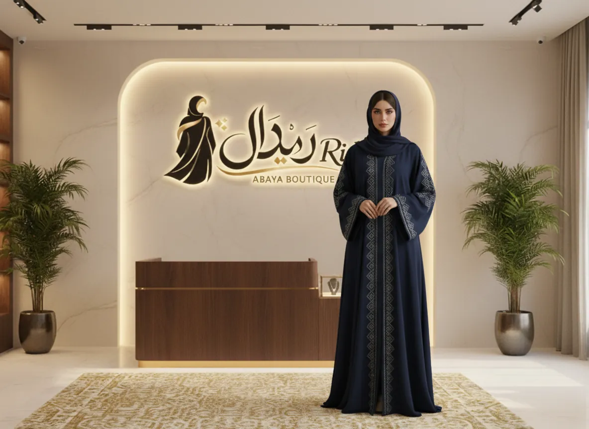 عباية كحلي فاخرة بتطريز هندسي فضي على الأكمام والأطراف