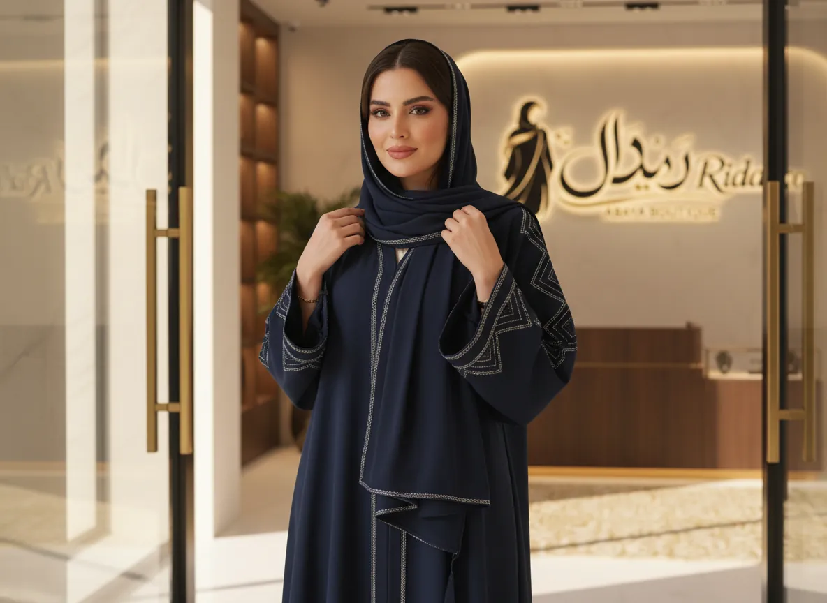 عباية كحلي فاخرة بتطريز هندسي فضي على الأكمام والأطراف