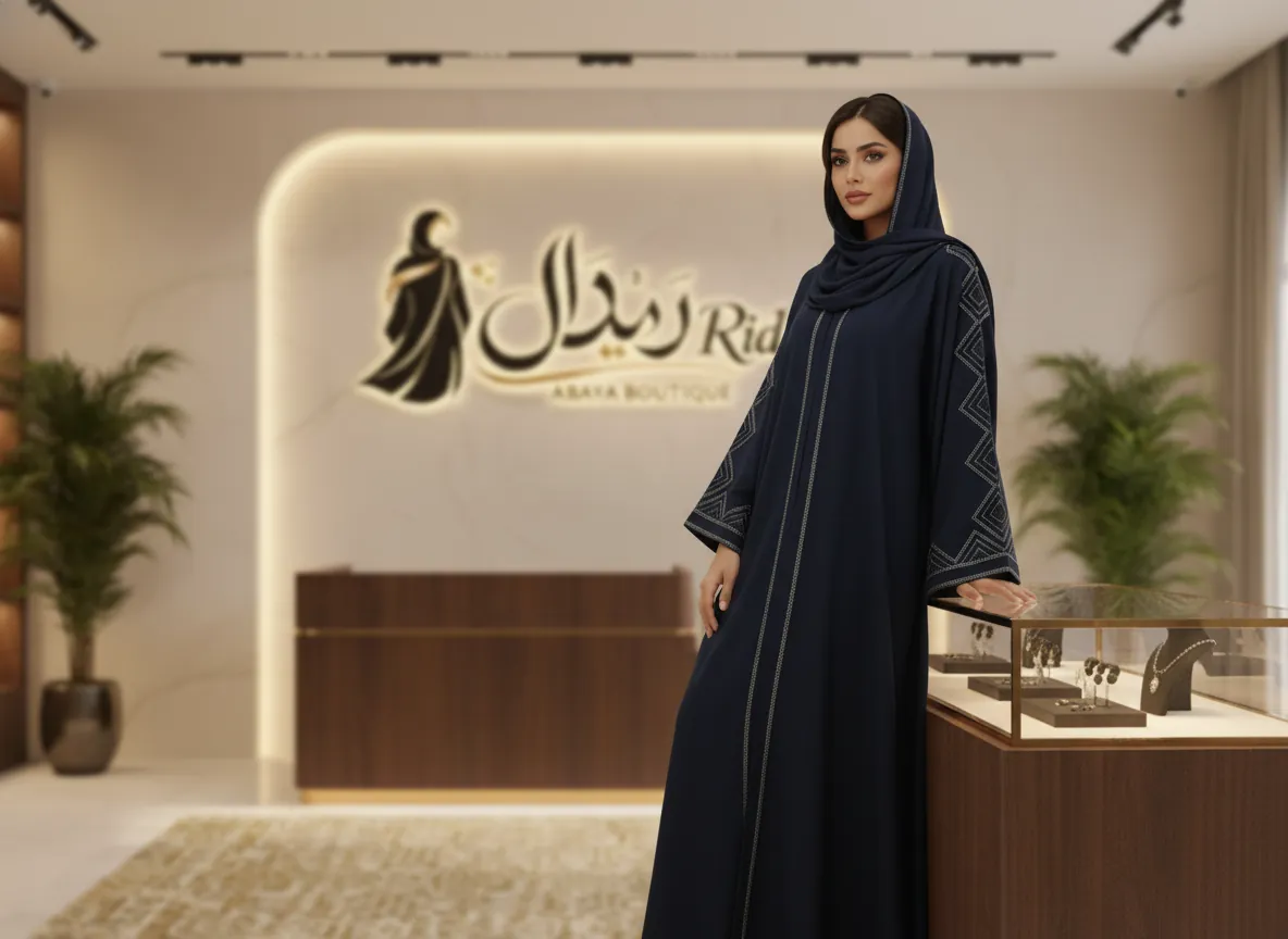 عباية كحلي فاخرة بتطريز هندسي فضي على الأكمام والأطراف