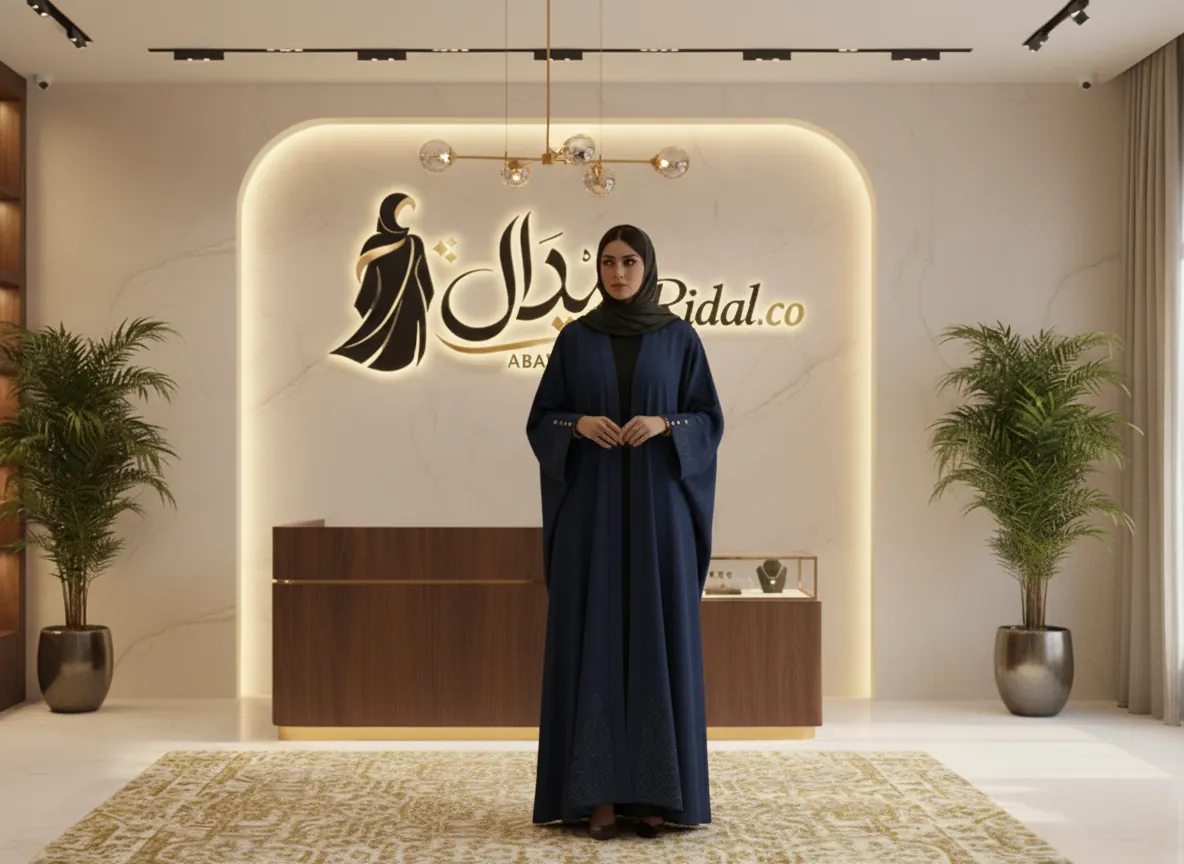 عباية كحلية فاخرة بتطريز هندسي ناعم وقصة بشت كلاسيكية