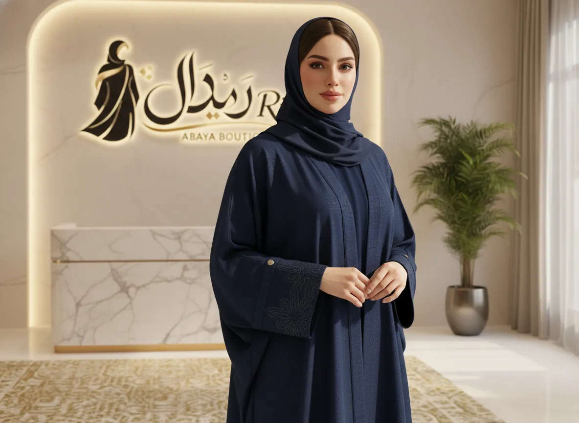 عباية كحلية فاخرة بتطريز هندسي ناعم وقصة بشت كلاسيكية