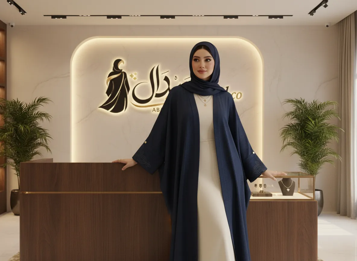 عباية كحلية فاخرة بتطريز هندسي ناعم وقصة بشت كلاسيكية