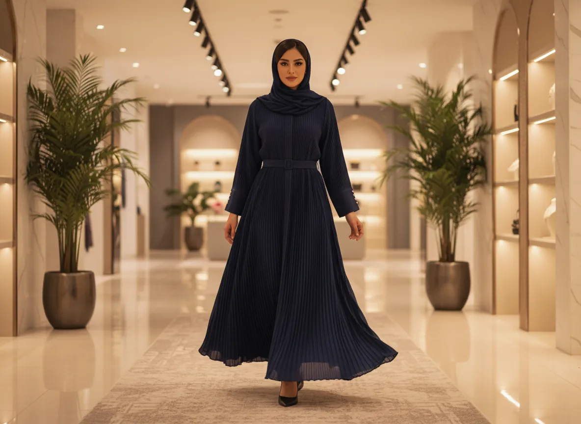 عباية كحلي بليسيه فاخرة بتصميم عصري وحزام خصر وأكمام مزينة باللؤلؤ