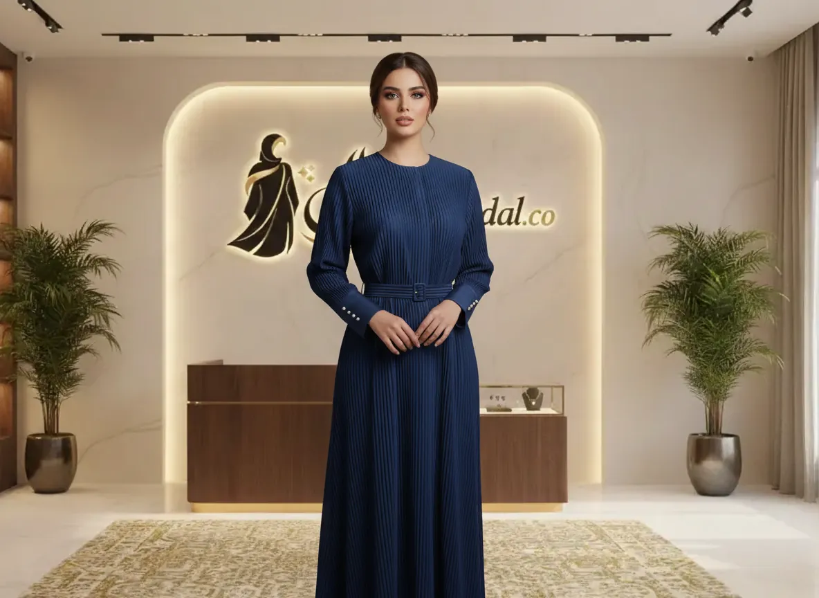 عباية كحلي بليسيه فاخرة بتصميم عصري وحزام خصر وأكمام مزينة باللؤلؤ