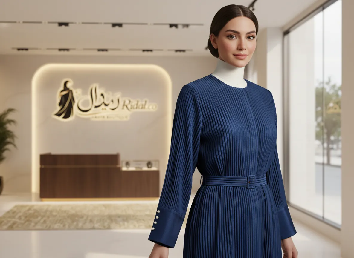 عباية كحلي بليسيه فاخرة بتصميم عصري وحزام خصر وأكمام مزينة باللؤلؤ