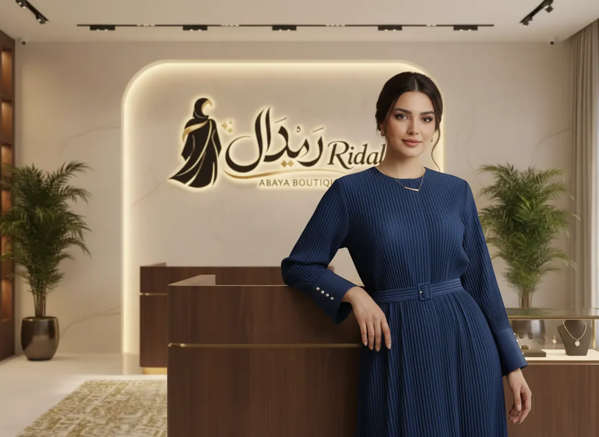 عباية كحلي بليسيه فاخرة بتصميم عصري وحزام خصر وأكمام مزينة باللؤلؤ