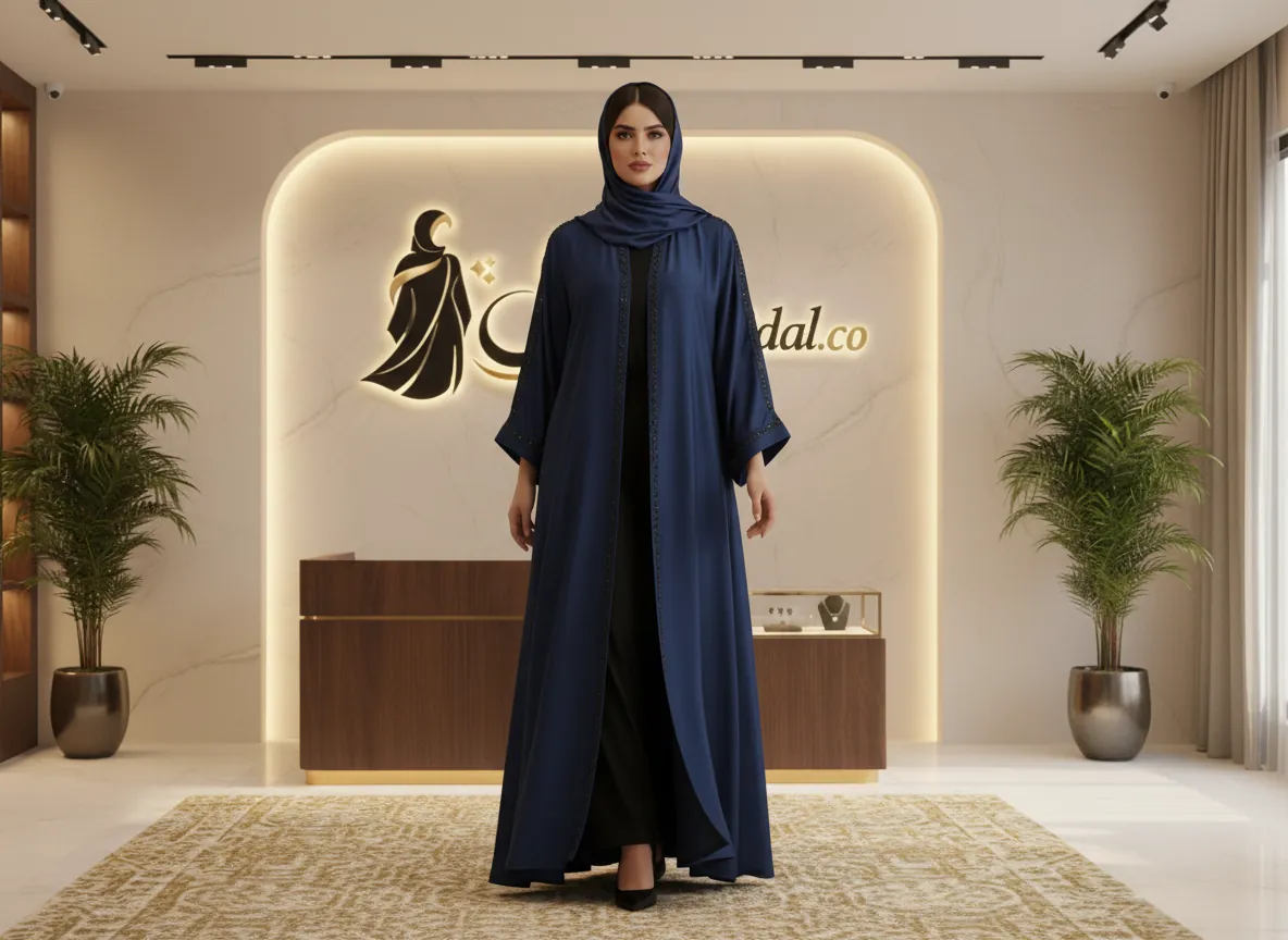 عباية سهرة كحلية من الحرير الناعم بتطريز يدوي فاخر وتصميم كلاسيكي عصري