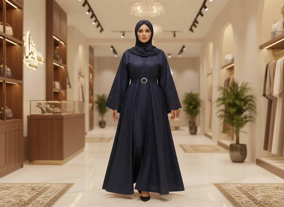 عباية كلوش كحلي فاخرة بنسيج جاكار مطرز وحزام فضي - SE352