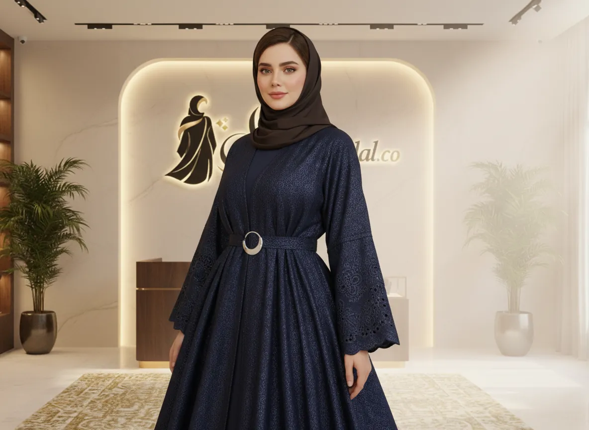 عباية كلوش كحلي فاخرة بنسيج جاكار مطرز وحزام فضي - SE352