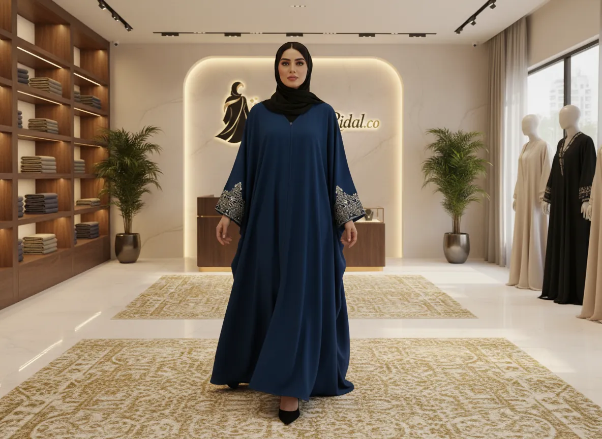 عباية فراشة كريب كحلي فاخرة بتطريز هندسي فضي على الأكمام