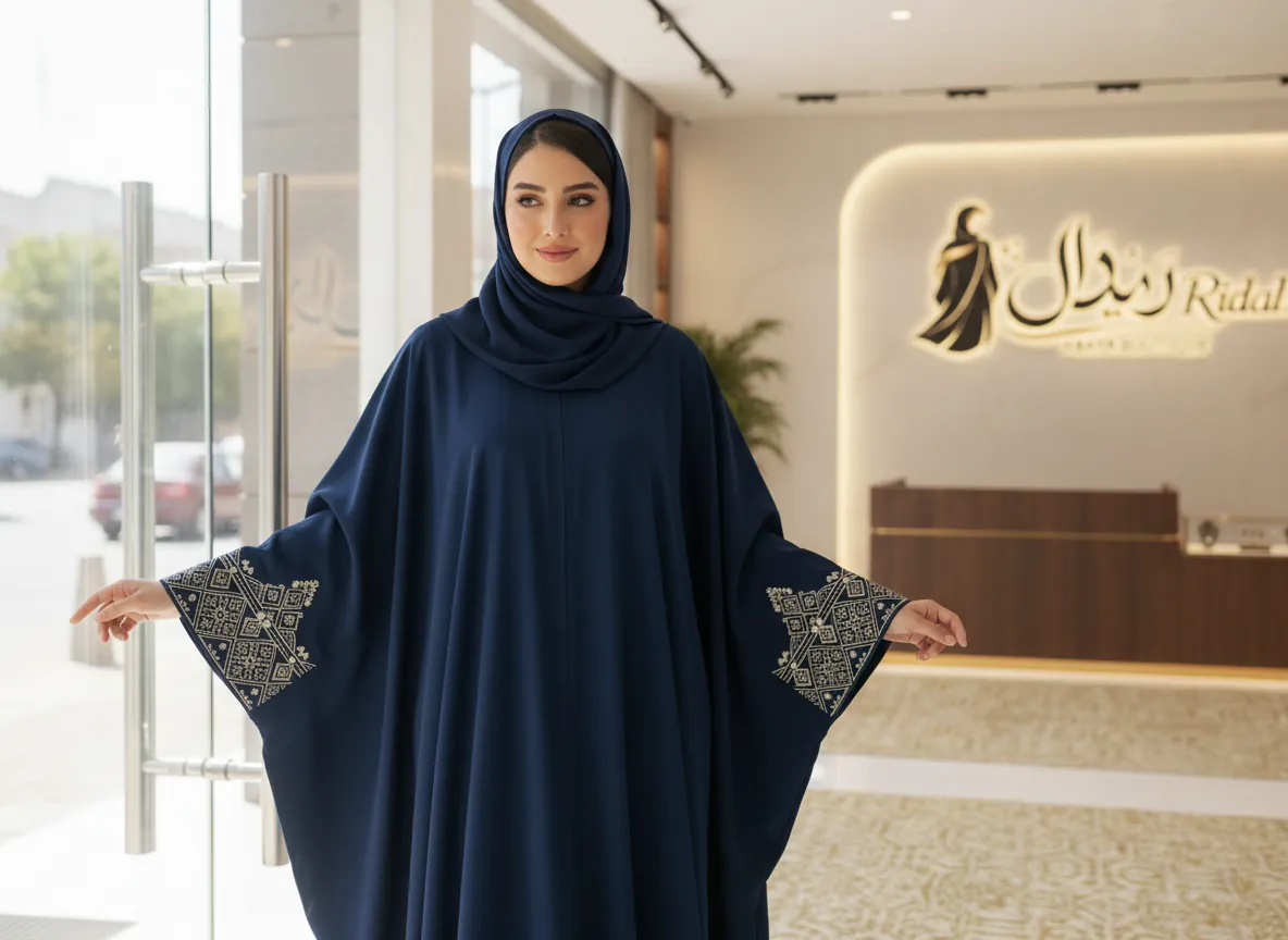 عباية فراشة كريب كحلي فاخرة بتطريز هندسي فضي على الأكمام