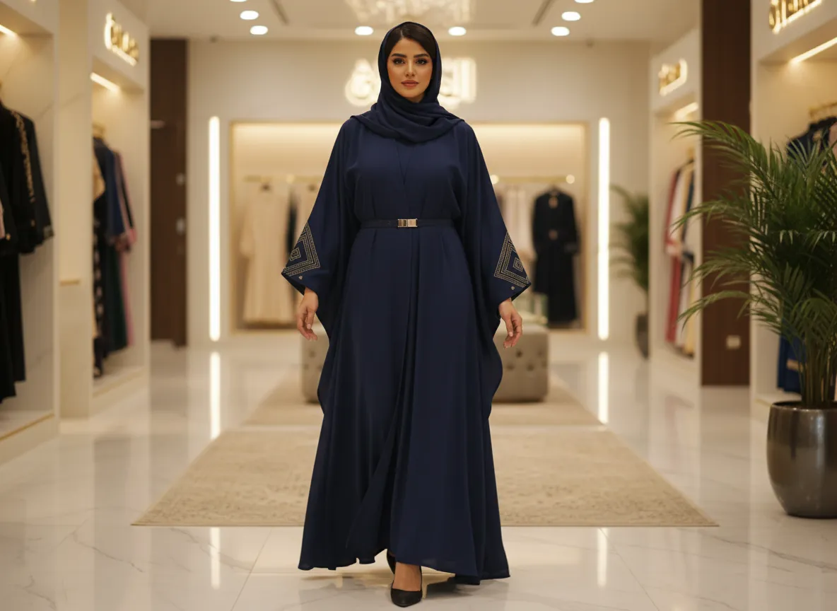 عباية سفر كريب ملكي باللون الكحلي الفاخر بتصميم بشت وتطريز هندسي مذهب مع حزام
