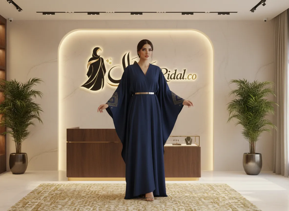 عباية سفر كريب ملكي باللون الكحلي الفاخر بتصميم بشت وتطريز هندسي مذهب مع حزام
