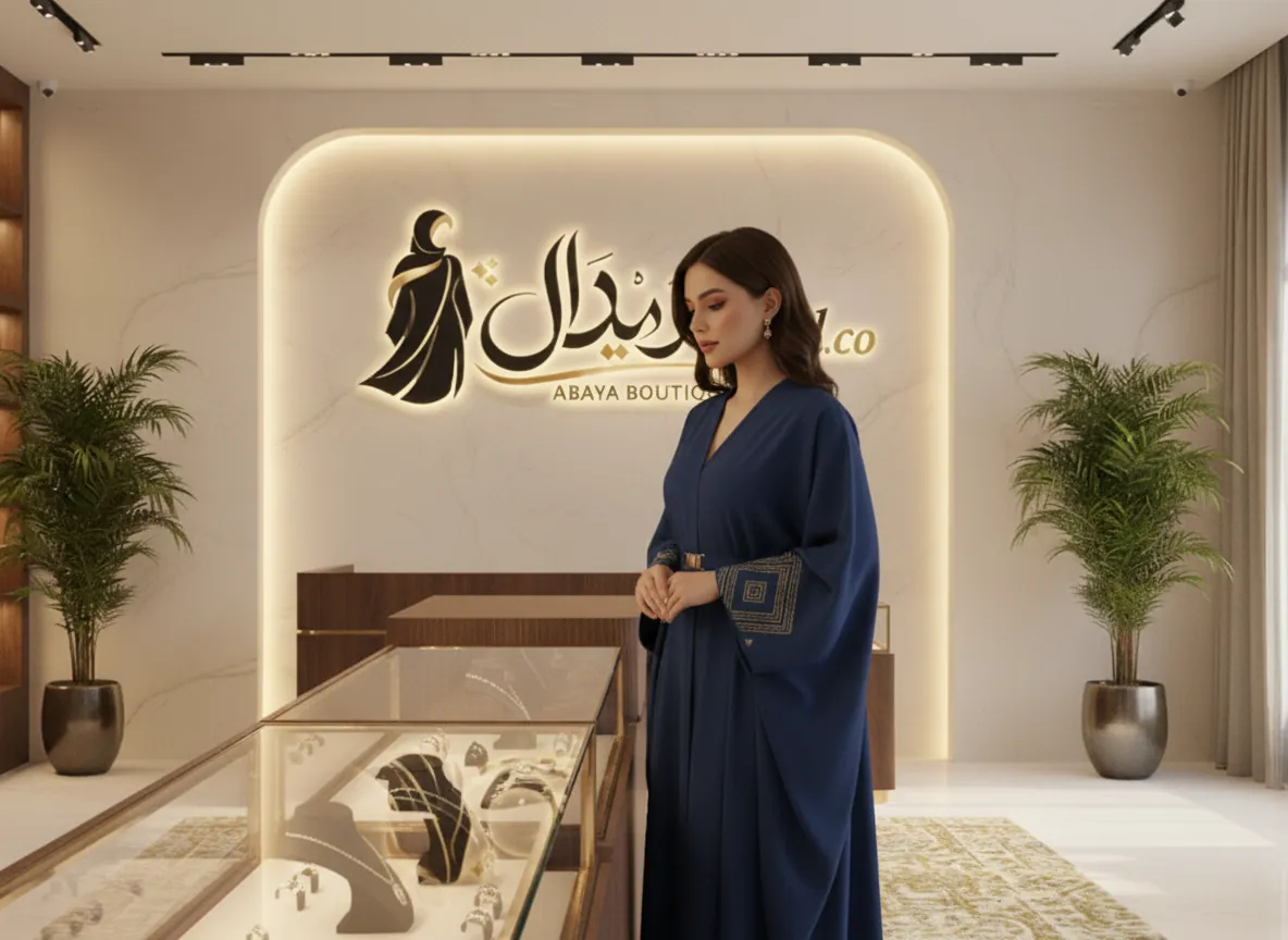 عباية سفر كريب ملكي باللون الكحلي الفاخر بتصميم بشت وتطريز هندسي مذهب مع حزام