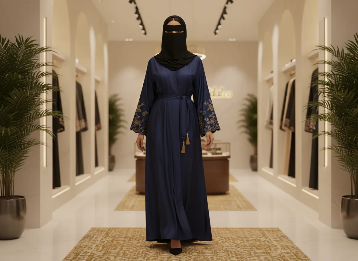 عباية كحلية فاخرة من الساتان الناعم بتطريز ذهبي ملكي وحزام خصر بشرابات