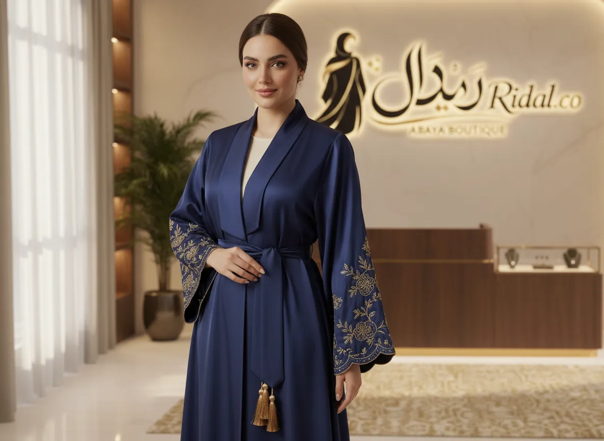عباية كحلية فاخرة من الساتان الناعم بتطريز ذهبي ملكي وحزام خصر بشرابات