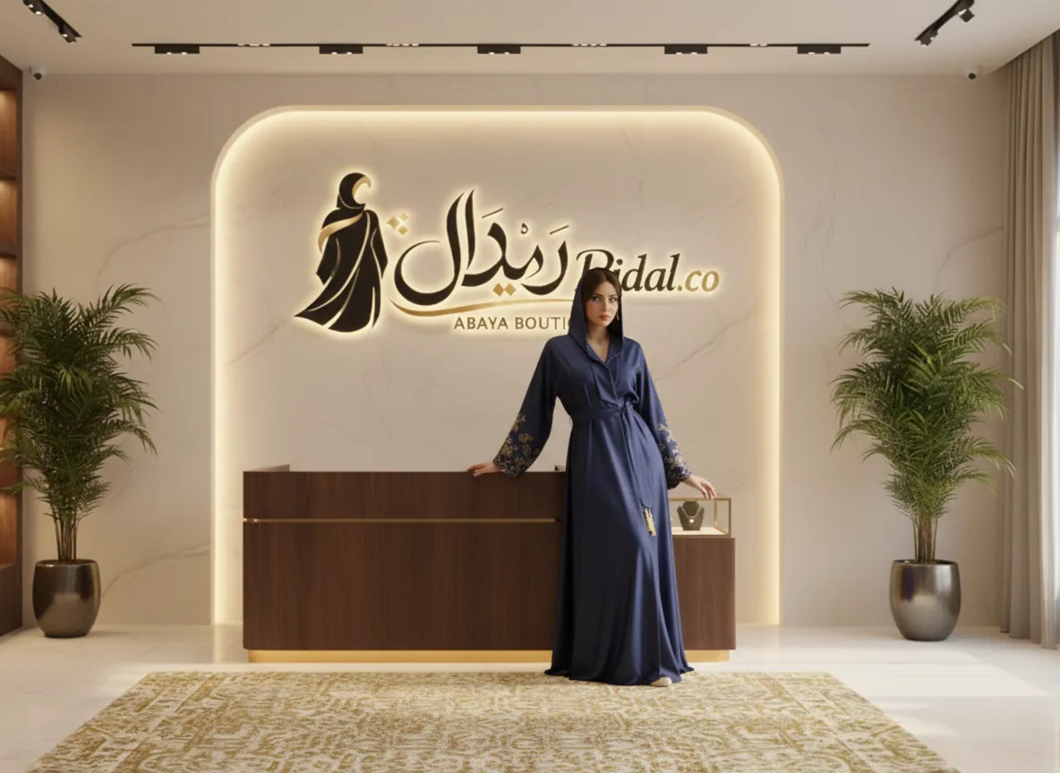 عباية كحلية فاخرة من الساتان الناعم بتطريز ذهبي ملكي وحزام خصر بشرابات