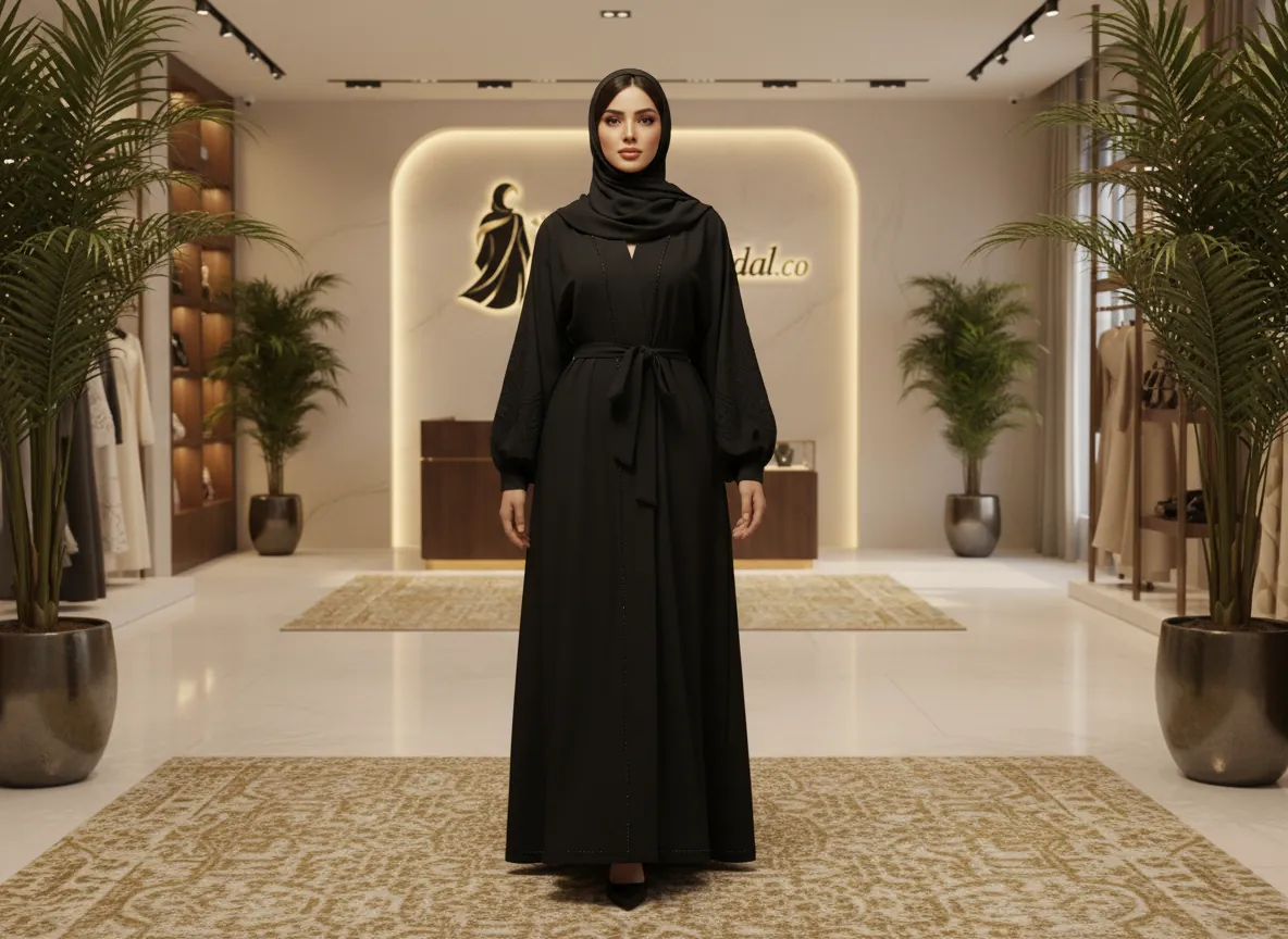 عباية سوداء ملكية فاخرة بتصميم كلاسيكي عصري من قماش الكريب الياباني الأصيل