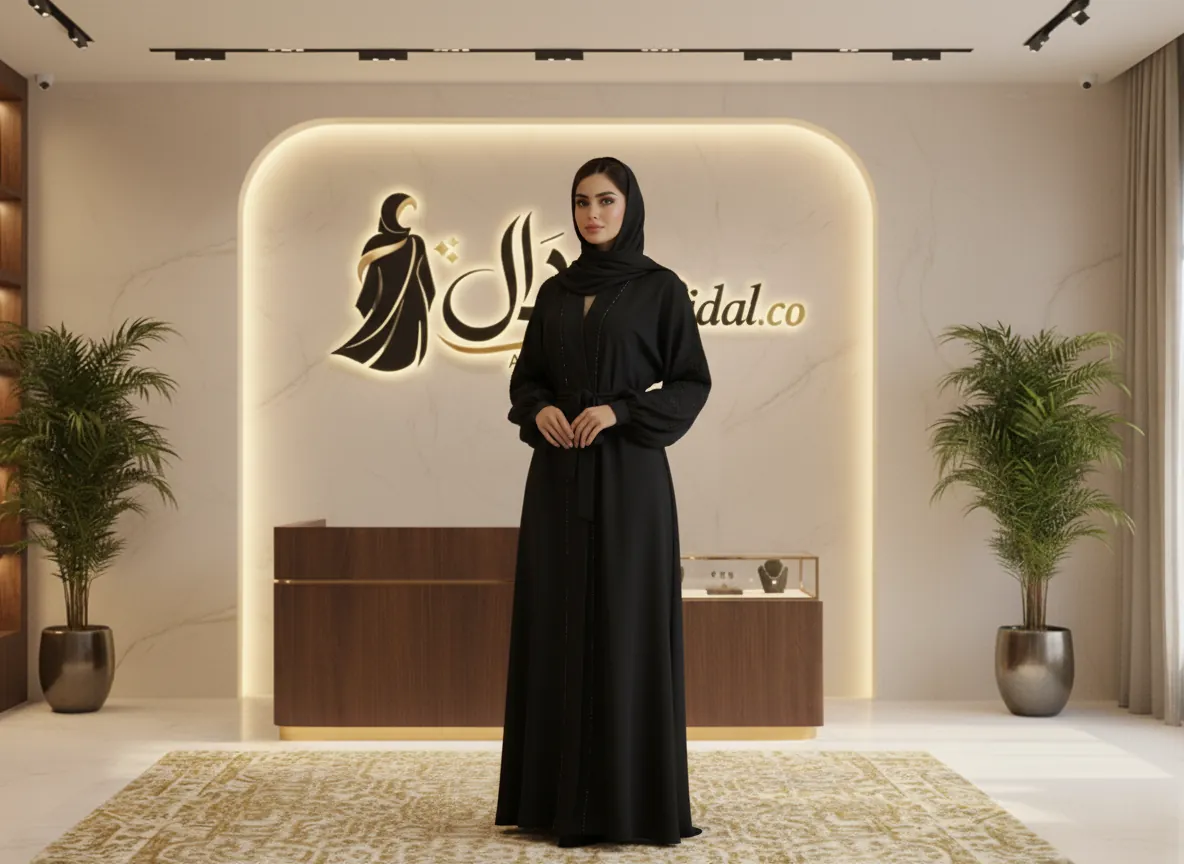 عباية سوداء ملكية فاخرة بتصميم كلاسيكي عصري من قماش الكريب الياباني الأصيل