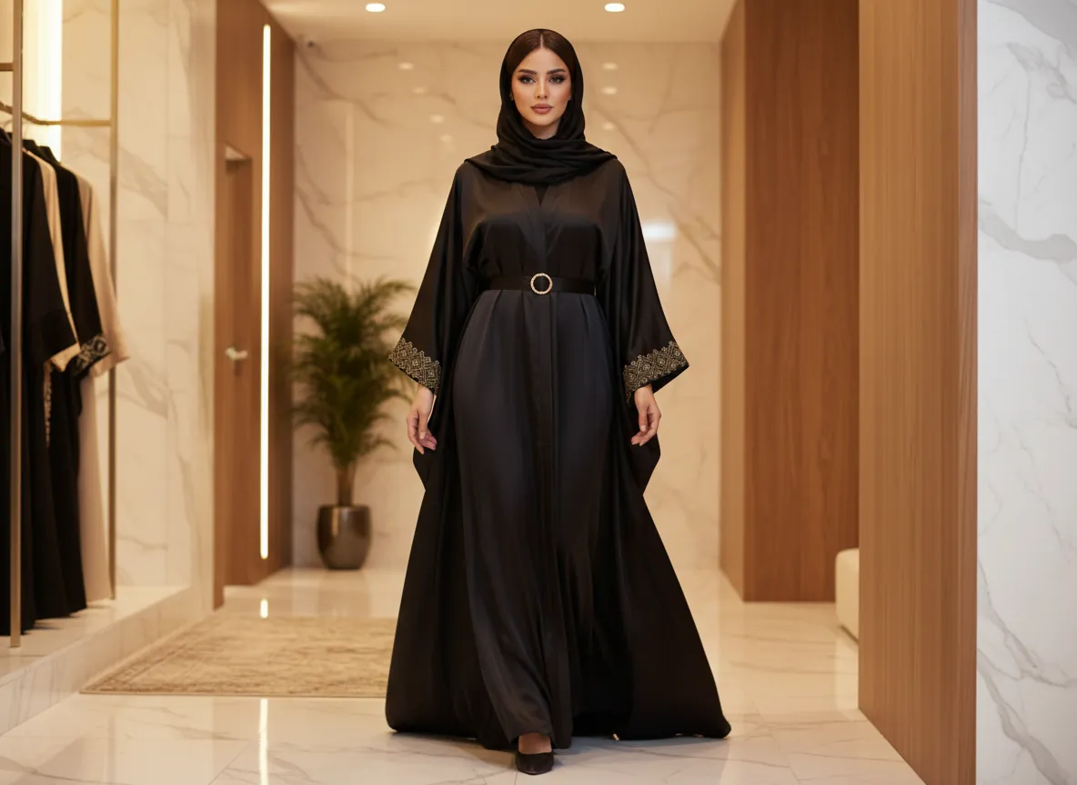 عباية حرير طبيعي فاخرة باللون الأسود الملكي بتصميم انسيابي وتطريز يدوي دقيق