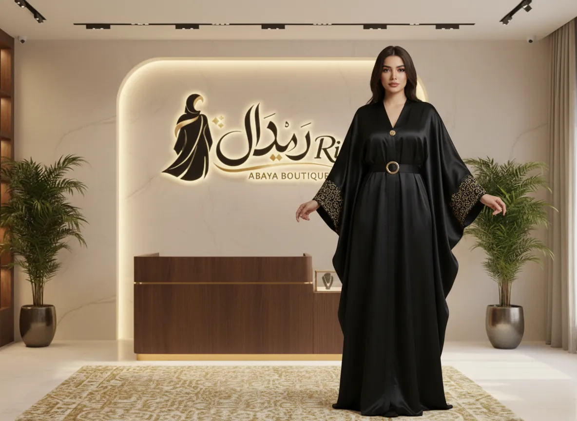 عباية حرير طبيعي فاخرة باللون الأسود الملكي بتصميم انسيابي وتطريز يدوي دقيق
