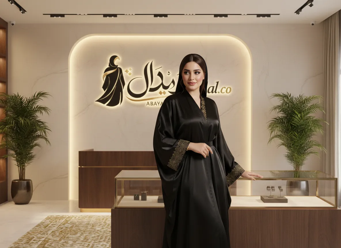 عباية حرير طبيعي فاخرة باللون الأسود الملكي بتصميم انسيابي وتطريز يدوي دقيق