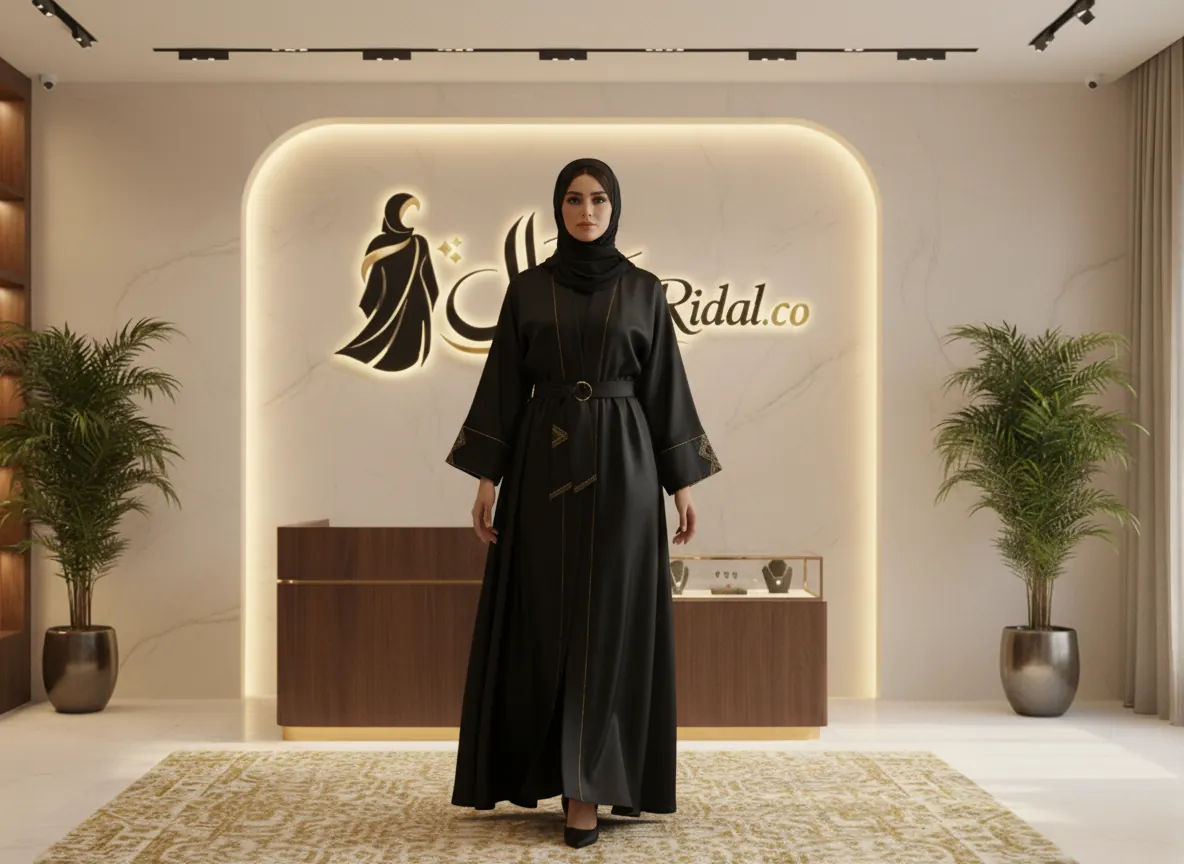 عباية حرير كريب فاخرة باللون الأسود الملكي مع تطريز يدوي ناعم لإطلالة أنيقة
