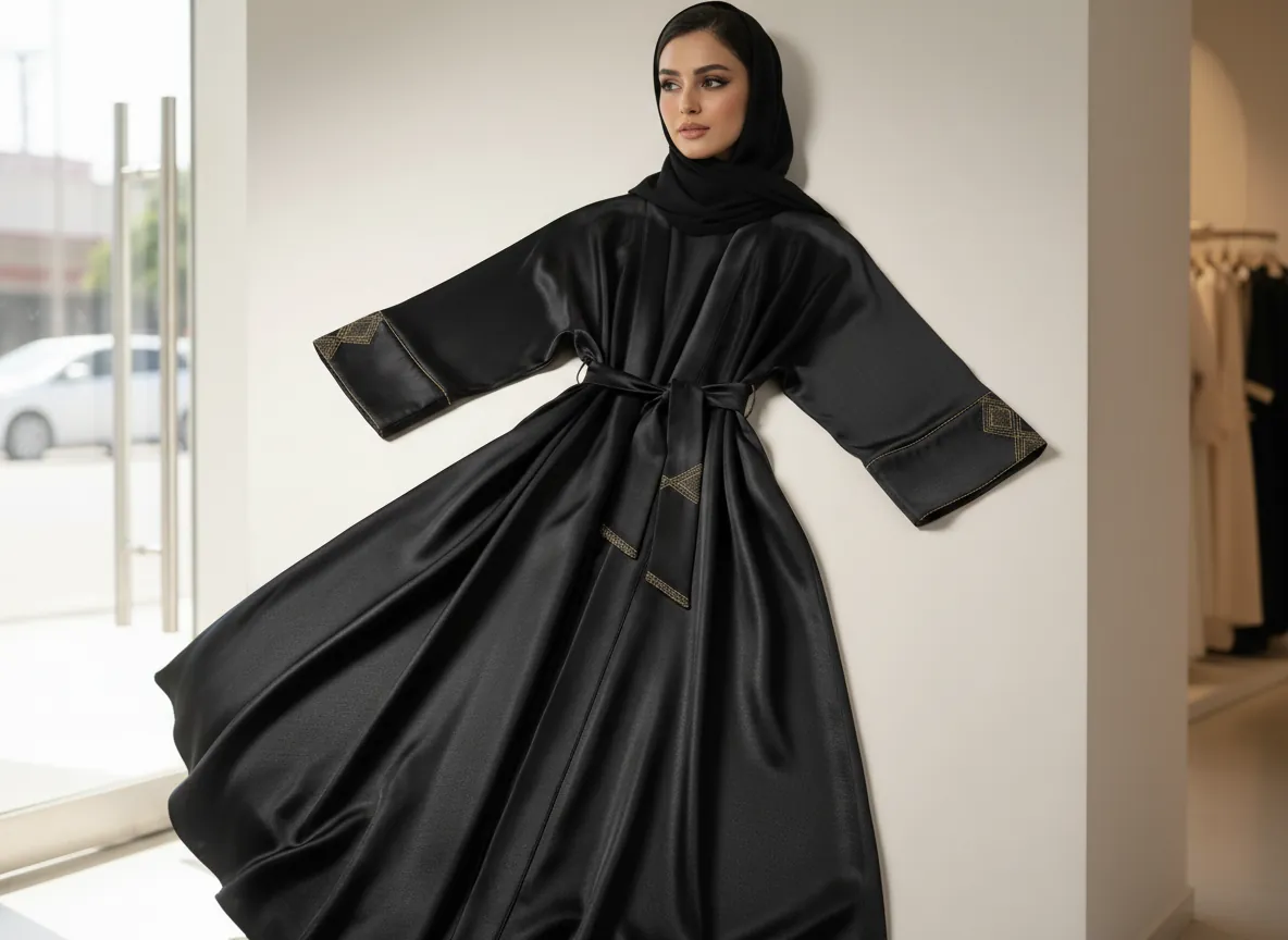 عباية حرير كريب فاخرة باللون الأسود الملكي مع تطريز يدوي ناعم لإطلالة أنيقة