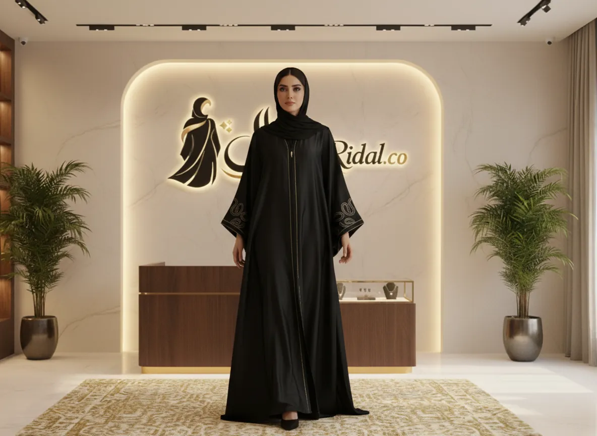 عباية حرير مغسول فاخرة باللون الأسود الملكي مع تصميم عصري أنيق لإطلالة متميزة