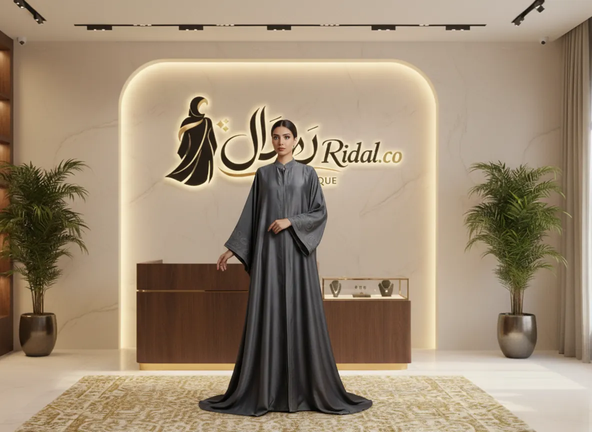 عباية حرير مغسول فاخرة باللون الأسود الملكي مع تصميم عصري أنيق لإطلالة متميزة
