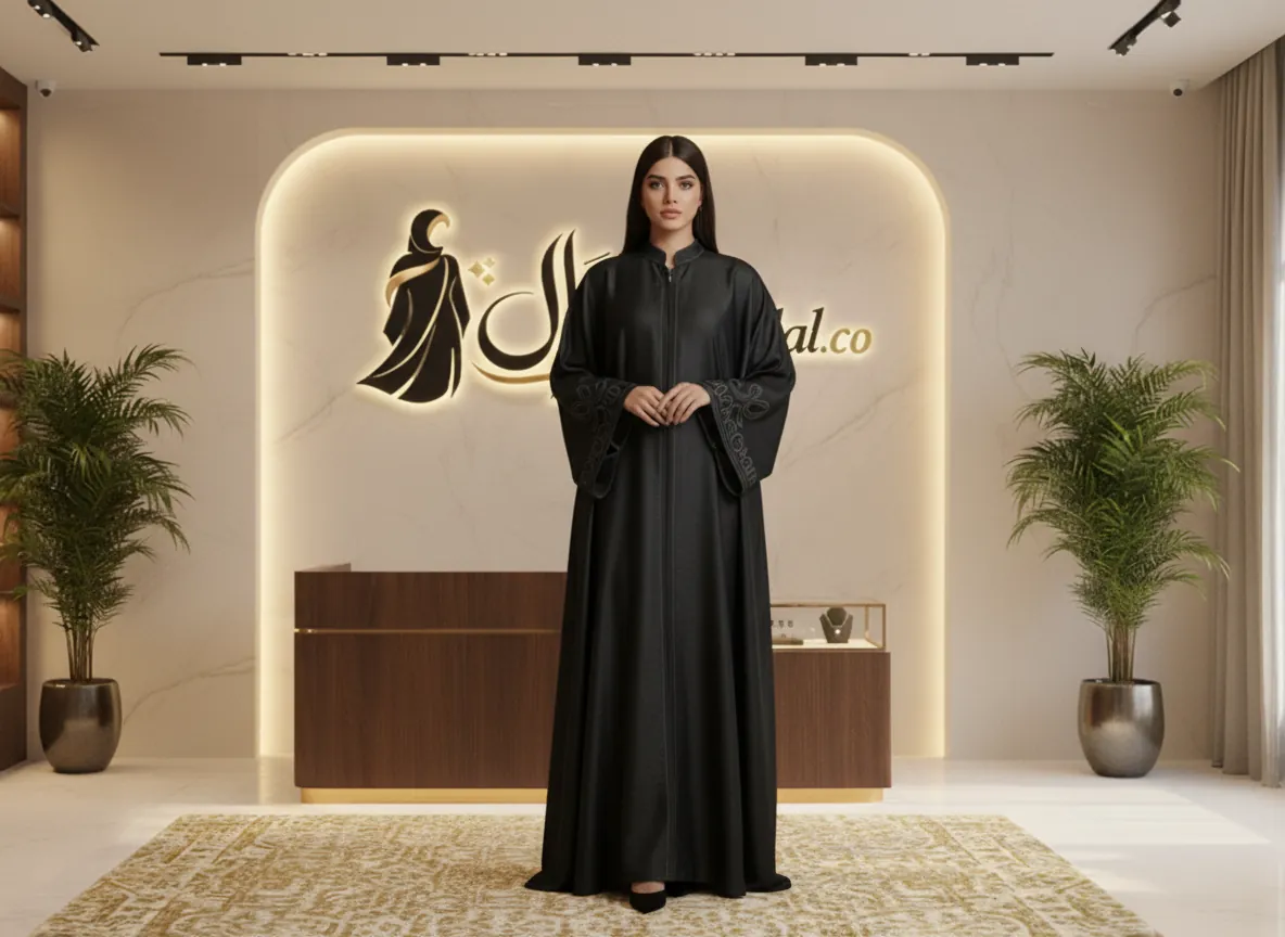 عباية حرير مغسول فاخرة باللون الأسود الملكي مع تصميم عصري أنيق لإطلالة متميزة
