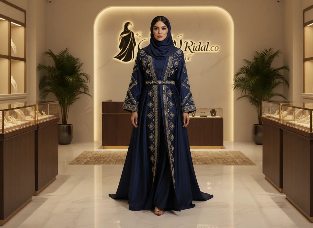 عباية سهرة فاخرة من الحرير الكحلي الملكي بتطريز ذهبي يدوي وذيل طويل - موديل SE610
