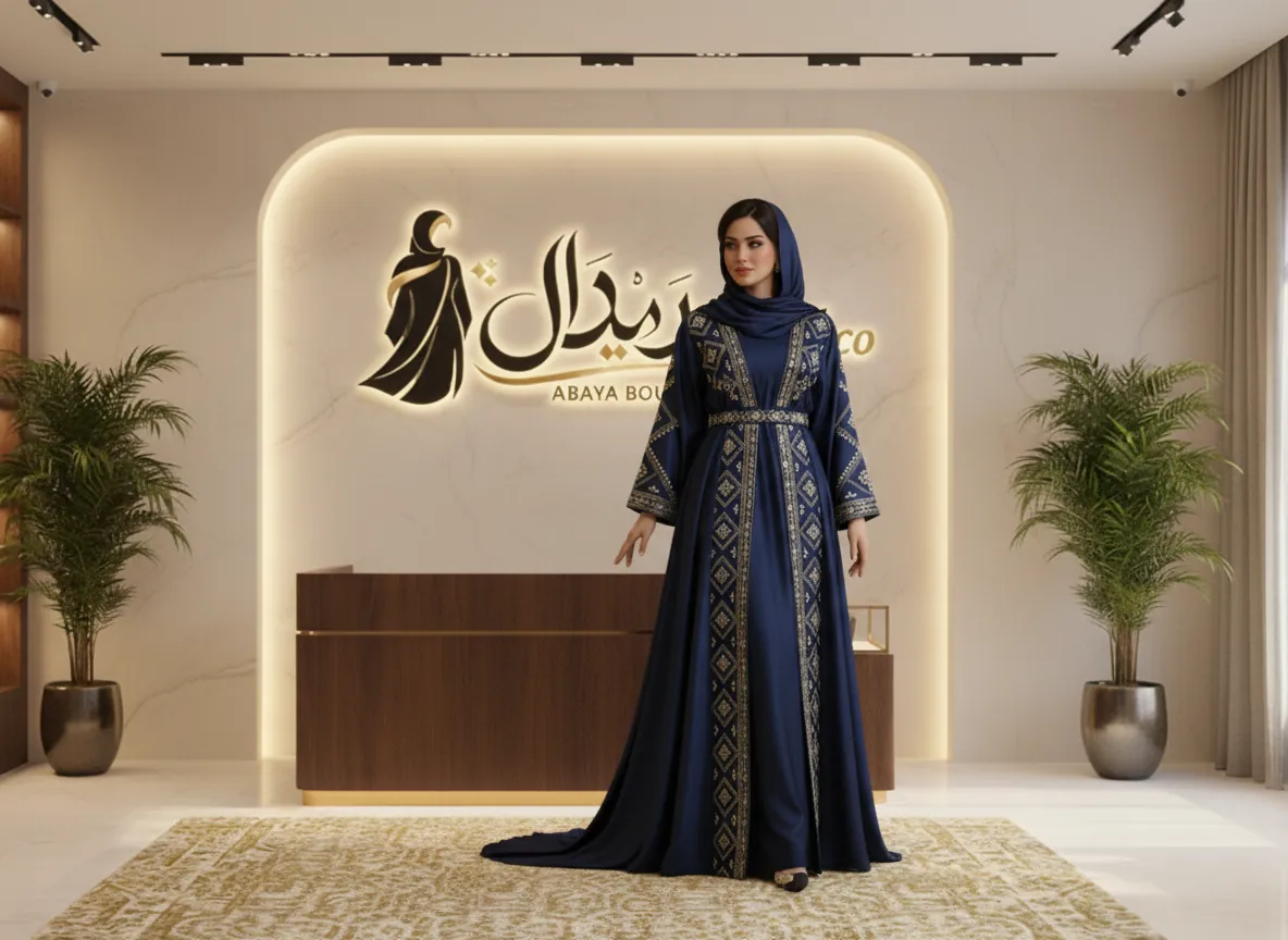 عباية سهرة فاخرة من الحرير الكحلي الملكي بتطريز ذهبي يدوي وذيل طويل - موديل SE610